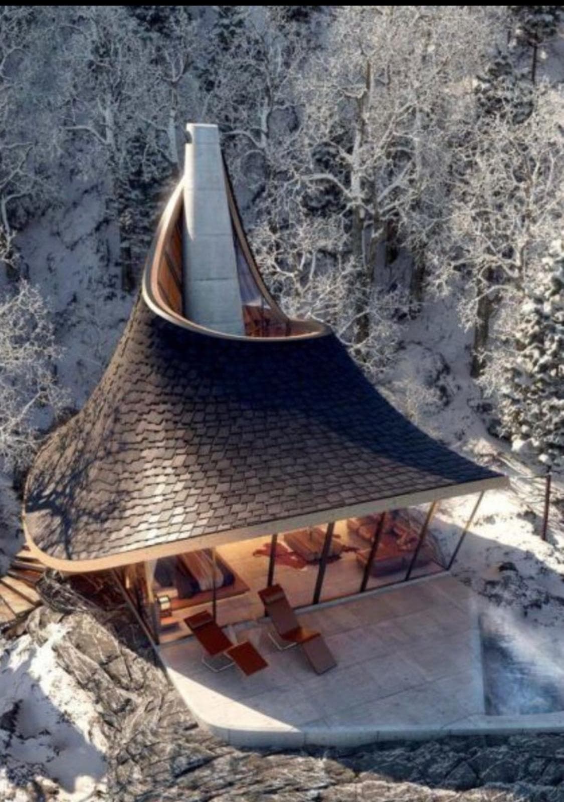 Concept study — aerial view of a sculptural curved-roof cabin in a snowy forest