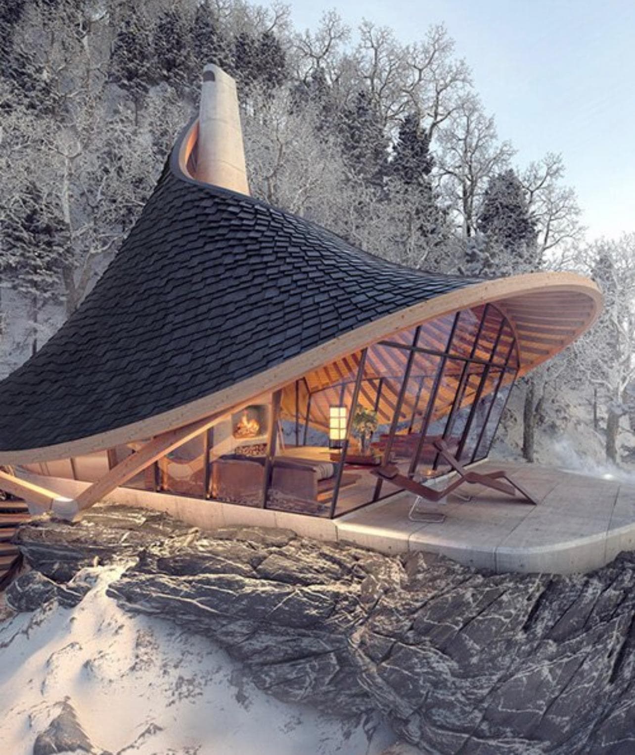 Concept study — a sculptural shingled cabin perched on a cliff in a snowy landscape