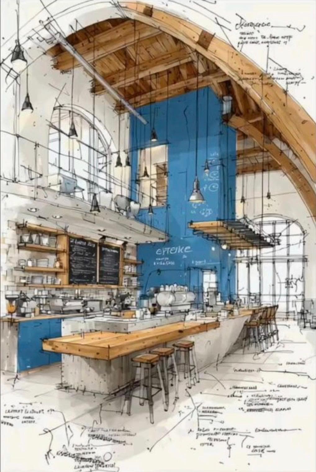 Exploratory hand sketch — ink and watercolour interior study of a timber-arched café with a blue accent wall and espresso bar