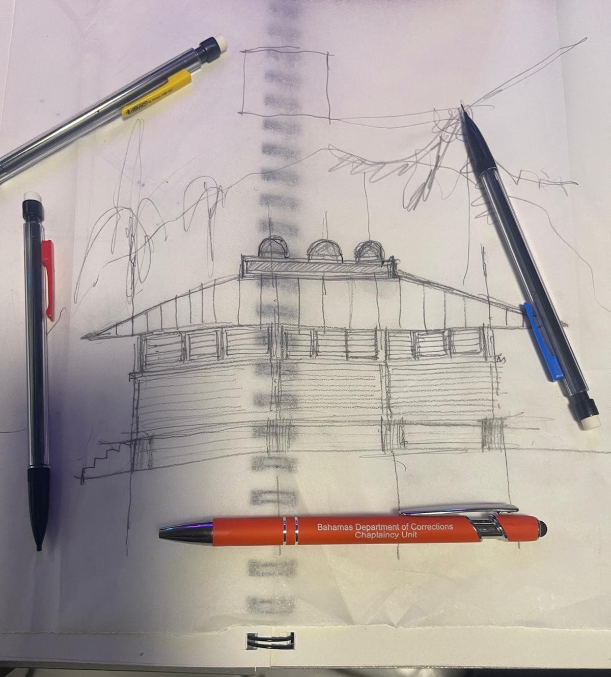 Exploratory hand sketch — pencil massing study of a domed-roof pavilion building