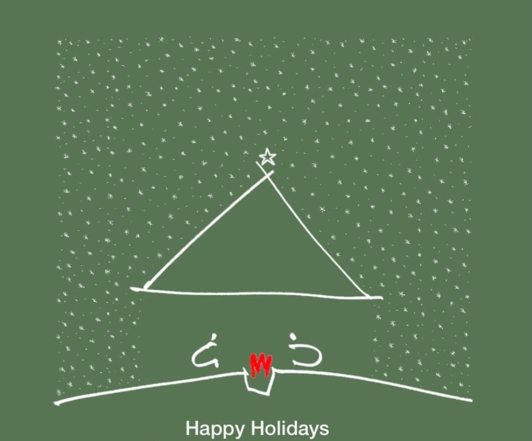 Hand-drawn holiday card — a minimal Christmas tree in white line on a green ground