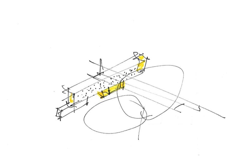 Exploratory hand sketch — an axonometric massing study accented in yellow