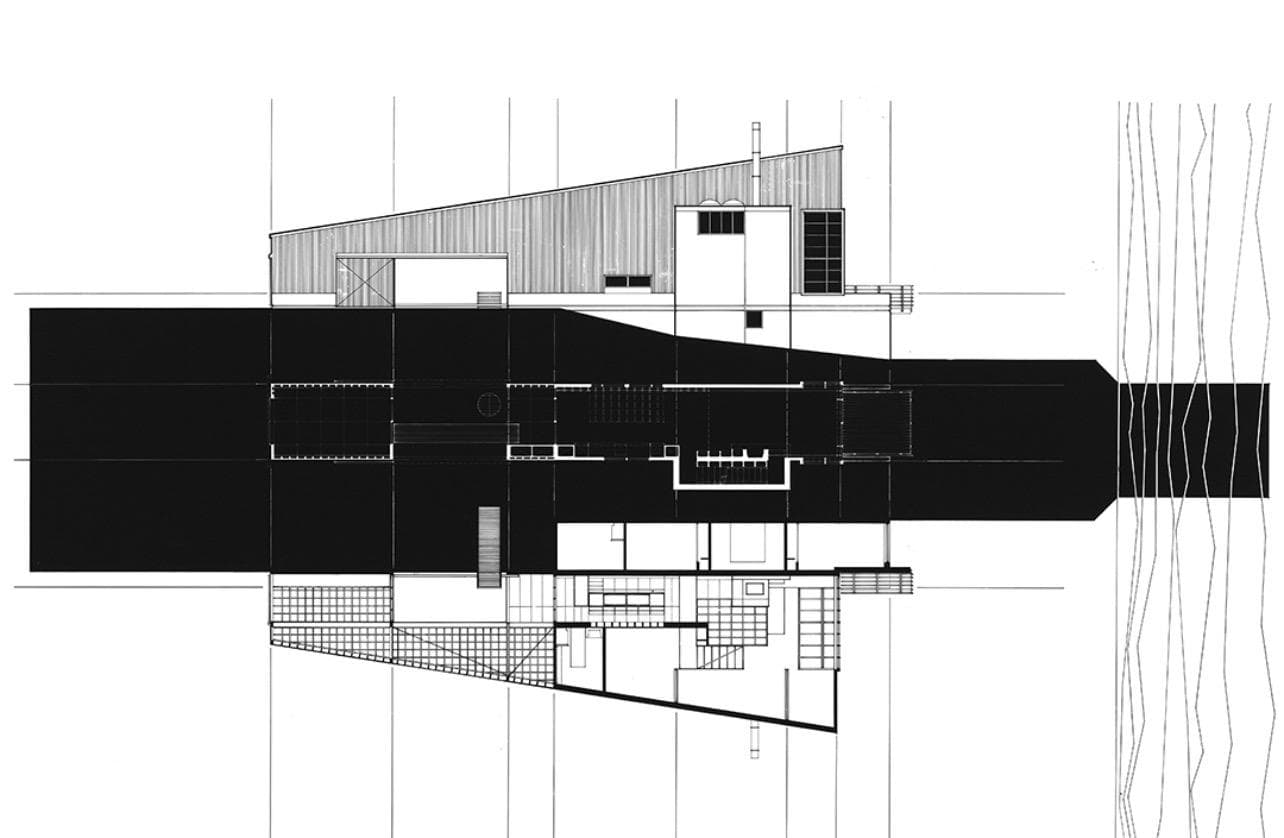 Architectural section drawing — a low house composition with bold black massing