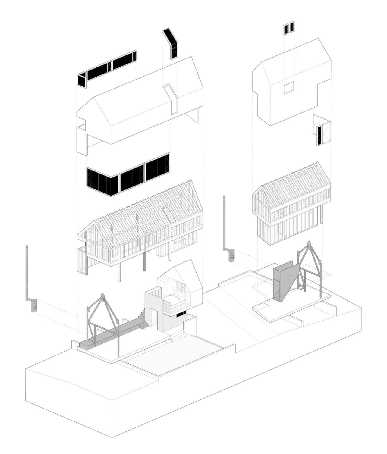 Exploded axonometric study — shingled cabin volumes separated into stacked layers
