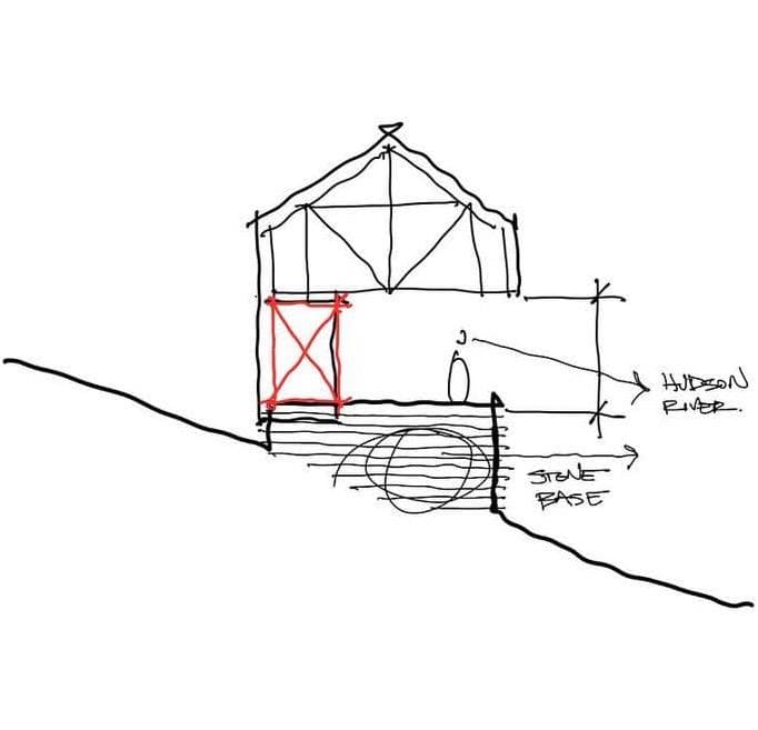 Exploratory hand sketch — a riverside pavilion section noting a stone base and the river beyond