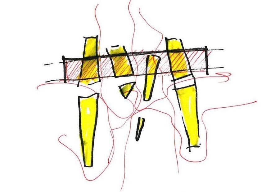 Exploratory hand sketch — structural columns explored in yellow over red linework
