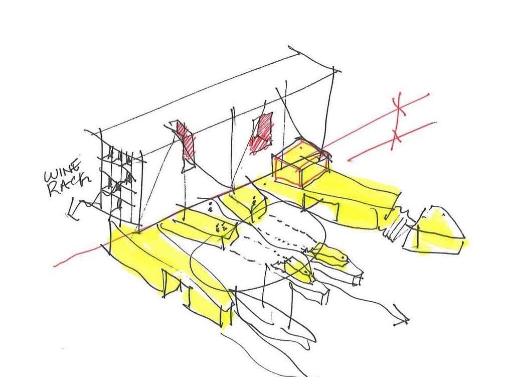 Exploratory hand sketch — an interior perspective study with a wine rack and yellow accents