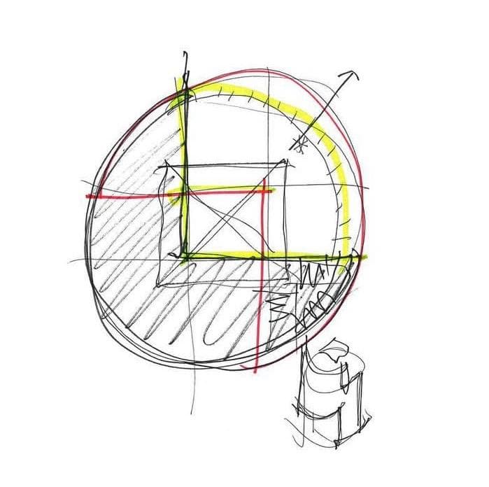 Exploratory hand sketch — a circular concept diagram worked in red and yellow