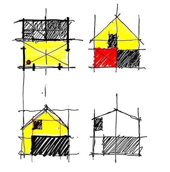 Exploratory hand sketches — four massing variations exploring solid and void