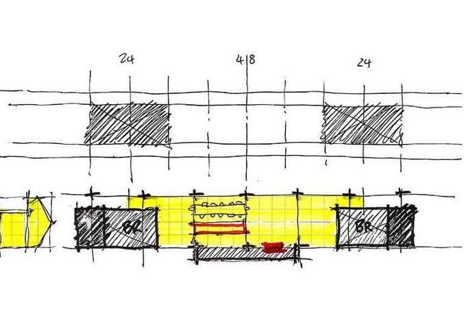 Exploratory hand sketch — a dimensioned section study with yellow infill