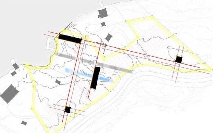Site study — a master-plan diagram with a circulation grid laid over contours