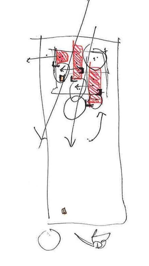 Exploratory hand sketch — a loose conceptual study in pen with red accents