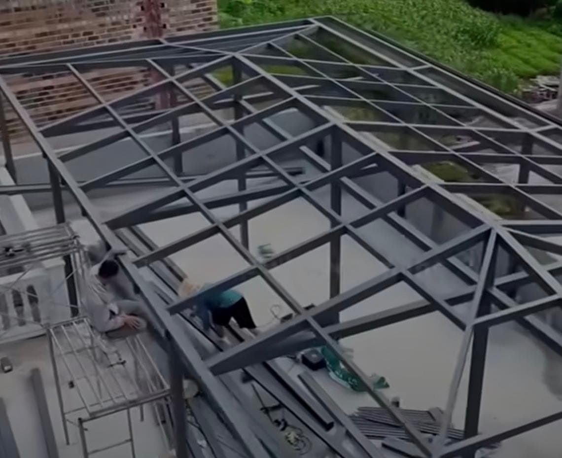 Observation — a steel roof frame taking shape on site