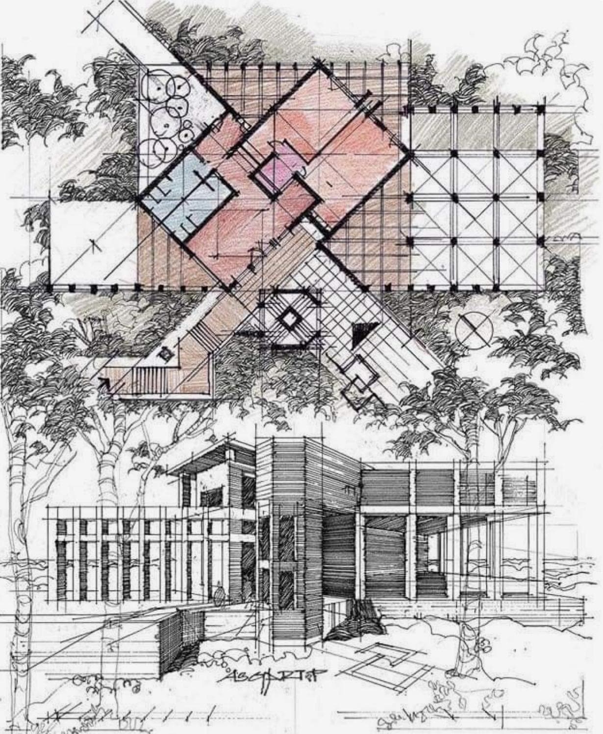 Exploratory hand sketch — colored-pencil plan and elevation study of a house among trees