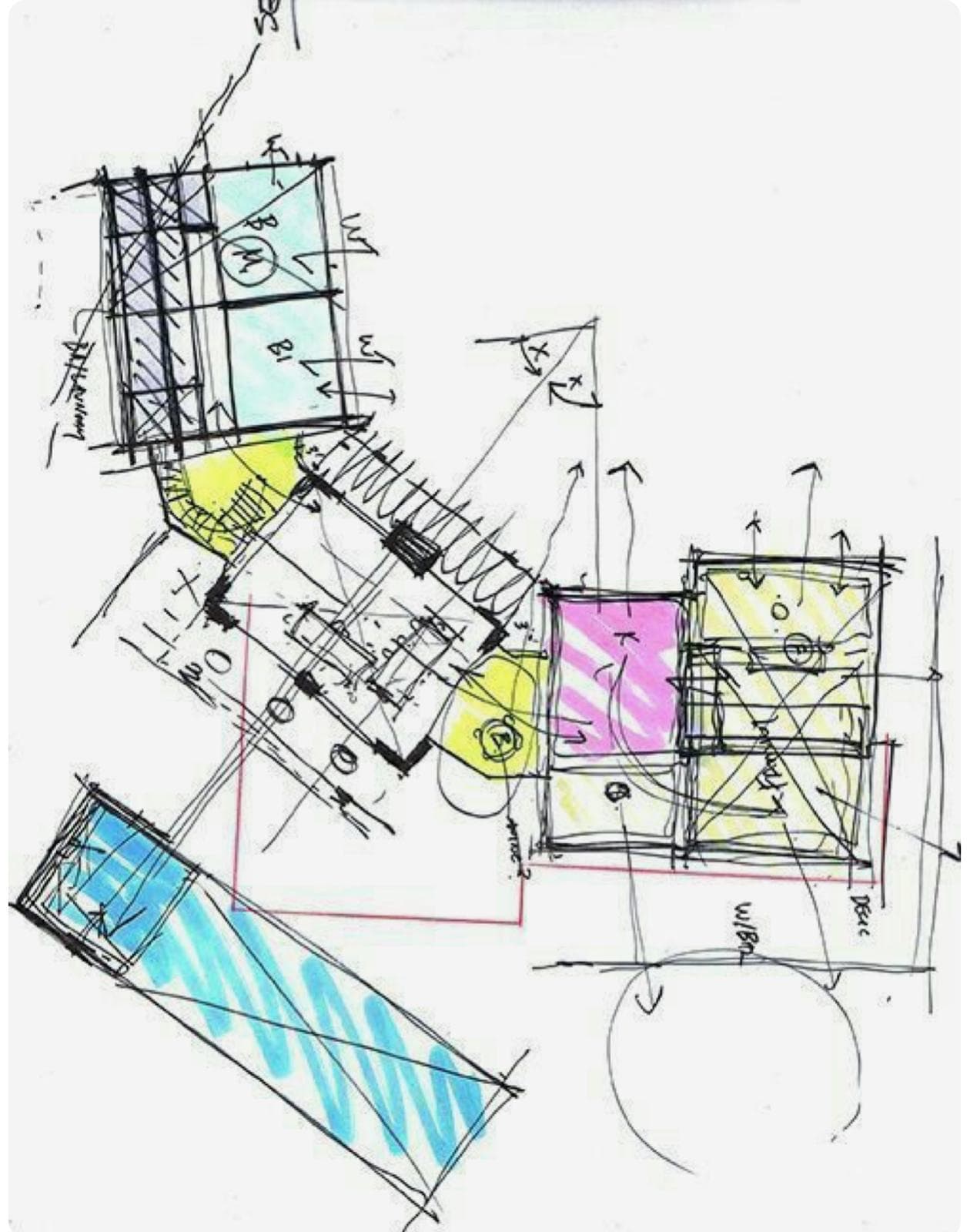 Exploratory hand sketch — felt-tip concept and massing diagram in colour